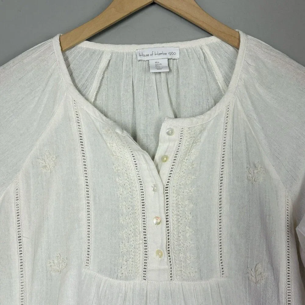 House of Harlow 1960 Boho Top Size L Ivory Embroidered Romantic Cottagecore - Picture 2 of 15
